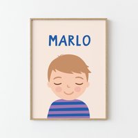 Personalisiertes Portrait Junge Mit Dunkelblonden Haaren | 30x40 50x70 Beige Dunkelblau Illustration Poster Für Kinder Kinderzimmer von MalaMarla