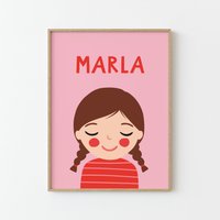 Personalisiertes Portrait Mädchen Mit Brauen Haaren | 30x40 & 50x70 Rot Rosa Illustration Poster Für Kinder Kinderzimmer Spielzimmer von MalaMarla