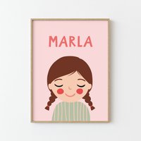 Personalisiertes Portrait Mädchen Mit Braunen Haaren | 30x40 & 50x70 Rosa Grün Illustration Poster Für Kinder Kinderzimmer von MalaMarla