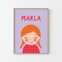 Personalisiertes Portrait Mädchen Mit Roten Haaren | 30x40 & 50x70 Lila Rot Illustration Poster Für Kinder Kinderzimmer Spielzimmer von MalaMarla