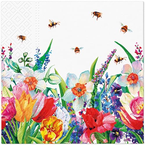 20 Servietten Blumen, Garten & Natur Bienen an blühender Wiese als Tischdeko. Papierservietten mit Motiv. Auch für Decoupage und Serviettentechnik 33x33cm von Malagro