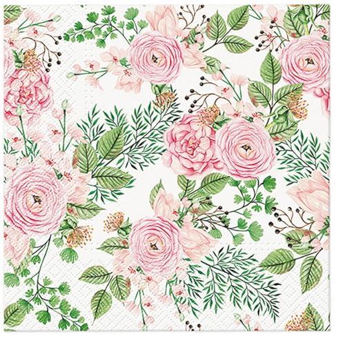 20 Servietten Blumen Rosen rosa an grünen Blättern als Tischdeko. Papierservietten mit Motiv. Auch für Decoupage und Serviettentechnik 33x33cm von Malagro