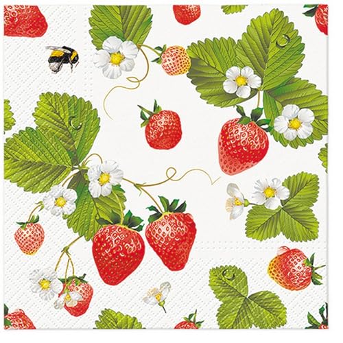 20 Servietten Essen Rote Erdbeeren mit Blätter als Tischdeko. Papierservietten mit Motiv. Auch für Decoupage und Serviettentechnik 33x33cm von Malagro