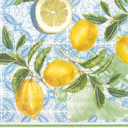 20 Servietten Essen & Trinken Zitronen auf blaue Ornamente als Tischdeko. Papierservietten mit Motiv. Auch für Decoupage und Serviettentechnik 33x33cm von Malagro