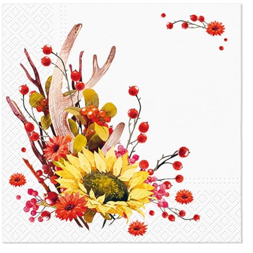 20 Servietten Herbst Sonnenblume an Herbstgesteck als Tischdeko. Papierservietten mit Motiv. Auch für Decoupage und Serviettentechnik 33x33cm von Malagro