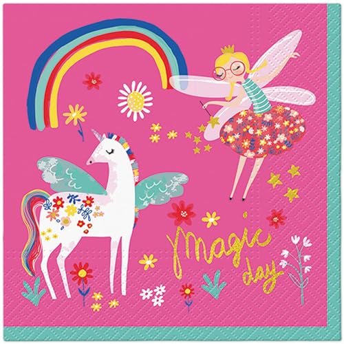 20 Servietten Kindermotive Magische Fee mit Einhorn als Tischdeko. Papierservietten mit Motiv. Auch für Decoupage und Serviettentechnik 33x33cm von Malagro