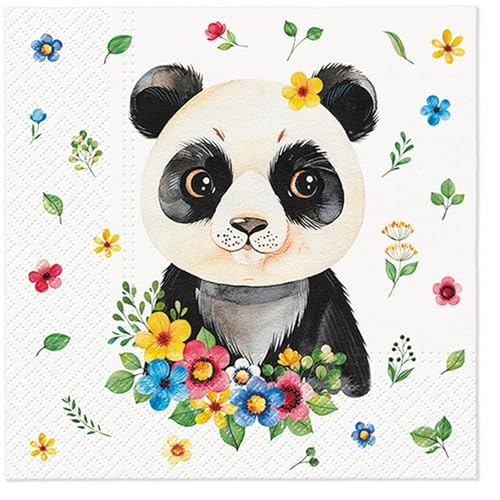 20 Servietten Kindermotive Panda mit Blümchen als Tischdeko. Papierservietten mit Motiv. Auch für Decoupage und Serviettentechnik 33x33cm von Malagro