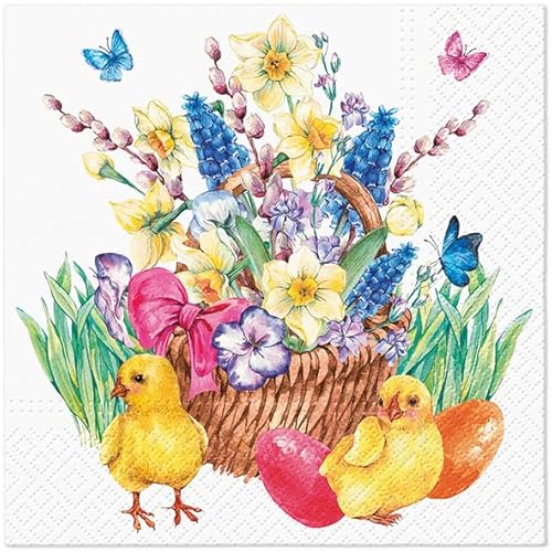 20 Servietten Ostern Küken an Blumenkorb als Tischdeko. Papierservietten mit Motiv. Auch für Decoupage und Serviettentechnik 33x33cm von Malagro