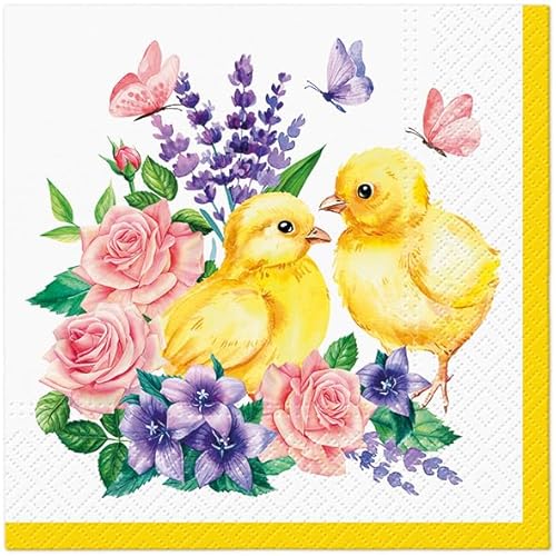 20 Servietten Tiermotive Küken an schönen Blumen als Tischdeko. Papierservietten mit Motiv. Auch für Decoupage und Serviettentechnik 33x33cm von Malagro