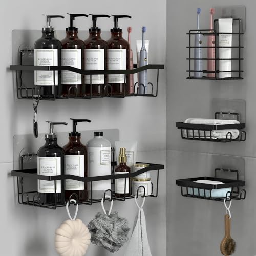 Malajess Duschablage ohne Bohren, [5er Set] Selbstklebend Badregal Badezimmer Organizer, Badezimmer Regal mit Seifenhalter und Haken, Organizer für Shampoo und Duschgel von Malajess