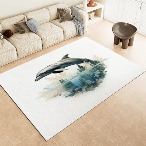 Malaoshi Teppiche Flur Läufer50x80cm, Delfin Kurzflorteppich für Wohnzimmer Schlafzimmer Kinderzimmer Küche, Tiere 3D rutschfest waschbar Fußmatte von Malaoshi