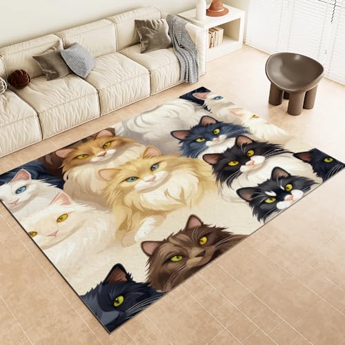 Malaoshi Teppiche Flur Läufer50x80cm, Katzen Kurzflorteppich für Wohnzimmer Schlafzimmer Kinderzimmer Küche, Tiere 3D rutschfest waschbar Fußmatte von Malaoshi