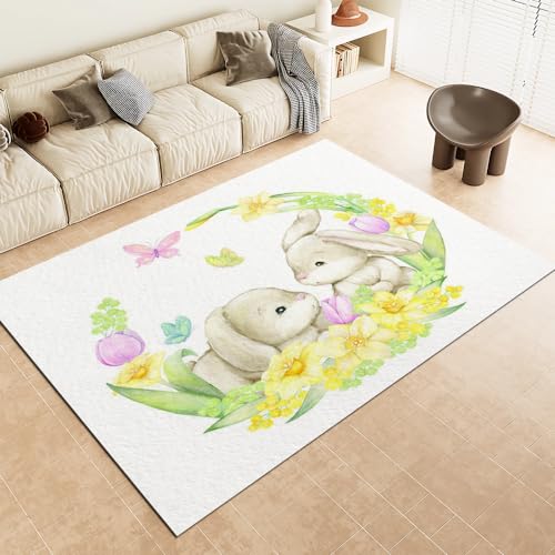 Malaoshi Teppiche Flur Läufer60x120cm, Kaninchen Kurzflorteppich für Wohnzimmer Schlafzimmer Kinderzimmer Küche, Tiere 3D rutschfest waschbar Fußmatte von Malaoshi