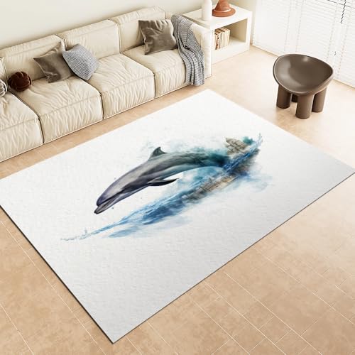 Malaoshi Teppiche Wohnzimmer100x140cm, Delfin Kurzflorteppich für Flur Läufer Schlafzimmer Kinderzimmer Küche, Tiere 3D rutschfest waschbar Fußmatte von Malaoshi