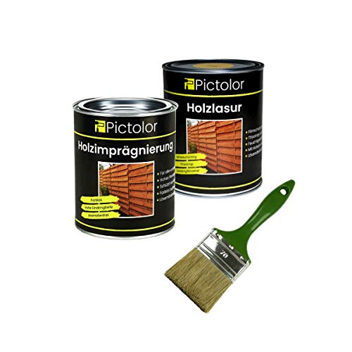 Pictolor Holzschutz Set: Pictolor Holzlasur 0,75 Liter Natur + Pictolor Imprägnierlasur 0,75 Liter + Lasur Pinsel 70mm von Malerversand