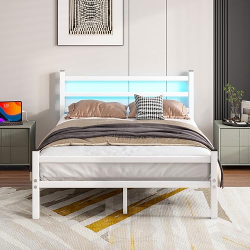 Maliacife Vollbettrahmen mit Kopfteil und Fußteil, robuste Stahllamellen, Metallbettrahmen mit Ladestation und LED-Leuchten, kein Boxspringbett erforderlich, geräuschfrei, Weiß von Maliacife