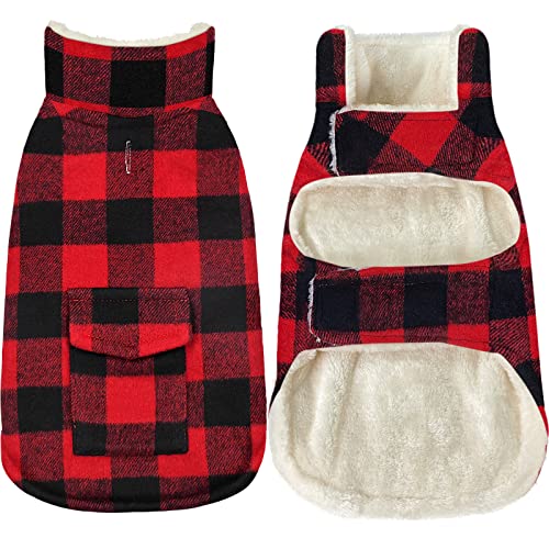 Malier Hunde-Wintermantel, klassischer karierter Fleece-Hundemantel, kaltes Wetter, Hundejacke mit Tasche, Windprood warmer Hundemantel, Weste, Winter, mittelgroße und große Hunde (rot, mittel) von Malier