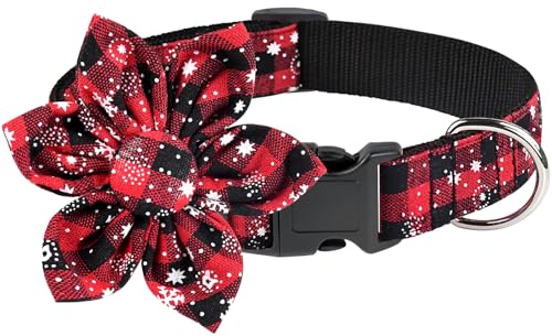 Malier Weihnachten Hundehalsband mit Fliege, klassisches Buffalo Plaid Hundehalsband mit Hardware-Schnalle, verstellbares Halsband für kleine, Welpen (groß, rote & schwarze Schneeflocke) von Malier