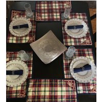 Kastanienbraun Plaid Tabelle Matte Mit Stoff-Serviette, Und Weiß-Tisch-Platz-Matte, Block-Druck-Tisch-Deko, Blauen 12 Stück-Set von MalihasHemsNGems