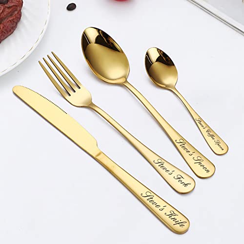 Individuell graviertes Besteck, individuelles Geschirrset mit Geschenkbox, personalisierter Schriftzug, Namensgabel/Messer/Löffel, Edelstahlbesteck (Gold) von Malihome