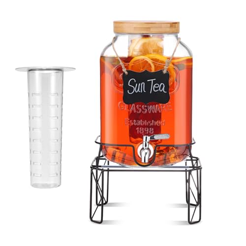 MallCreaty 8L Getränkespender mit Ständer, Getränkespender aus Glas mit Edelstahlzapfhahn und Bambusdeckel, Limonadenspender, Getränkespender aus Glas für Partys, Hochzeiten von MallCreaty