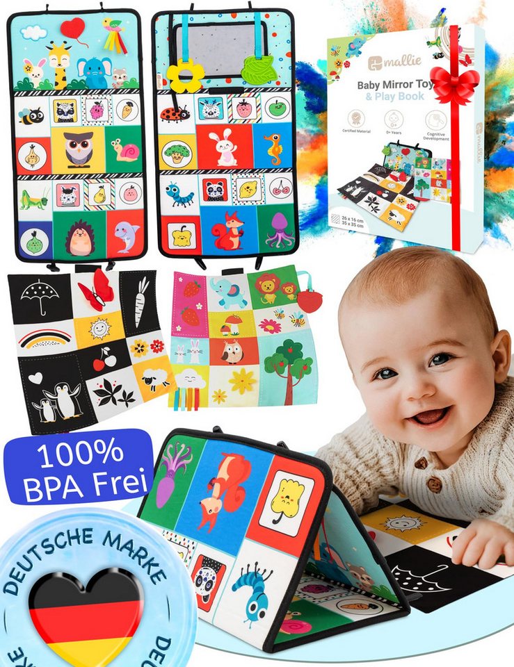 Mallie Babyspiegel Sensorik Baby Spiegel Spielzeug mit Bauchlage Knisterbuch (Babyspielzeuge ab 0, 3, 6 Monate I Baby Mirror Toy mit Schwarz Weiß Kontrast Muster, 1-St), Tummy Time Toys, Knisterspielzeug Baby von Mallie