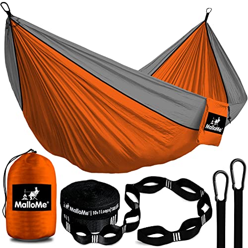 MalloMe Doppel Hängematte (300 x 200cm) Ultraleichte Reise Camping Hängematten für Outdoor 2 Personen oder 1 Kinder & Erwachsene Atmungsaktives Wasserdichtes Fallschirm-Nylon, inkl. Premium Karabiners von MalloMe