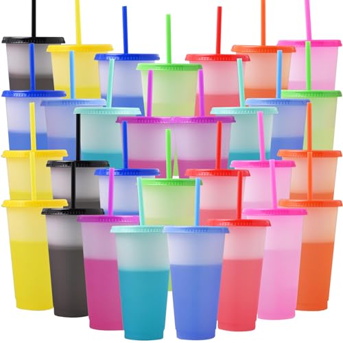 Malloom 30 Stück Farbwechsel Becher mit Deckel und Strohhalm, 700ml Plastikbecher Trinkbecher Becher, Wiederverwendbare Farbige Kunststoff Partybecher Travel Mug für Eiskaffee Milchshake Smoothie von Malloom