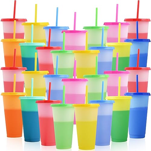 Malloom 30 Stück Farbwechsel Becher mit Deckel und Strohhalm, 700ml Plastikbecher Trinkbecher Becher,Wiederverwendbare Farbige Kunststoff Partybecher Travel Mug für Eiskaffee Milchshake Smoothie von Malloom