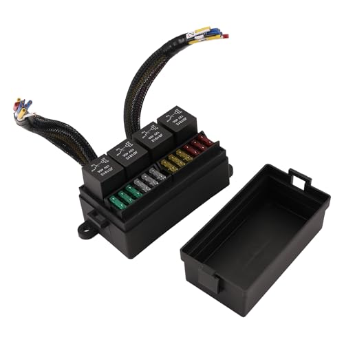 Malloy 12-V-Kfz-Sicherungsrelaiskasten, Vorverdrahteter Sicherungs- und Relaiskasten mit 4 Relais, 12-Wege-ATC/ATO-Sicherungen, Versiegelter 12-V-Relais-Sicherungskasten von Malloy