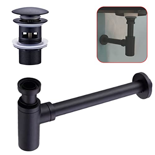 Maloftars Siphon Waschbecken mit Ablaufgarnitur mit Überlauf für Waschbecken Siphon Waschbecken Bad Waschtisch 1/4 x 32mm Syphon Pop Up Ablaufgarnitur Syphon Badezimmer Geruchverschluss Matt Schwarz von Maloftars