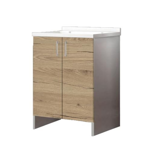 Mama Store ATENA LAV IN Bausatz zur Selbstmontage Waschtisch-Möbel weiß Eiche Natur Weiß matt aus Methacrylat mit Holzbrettern L 60 cm x T 50 cm x H 86 cm von Mama Store