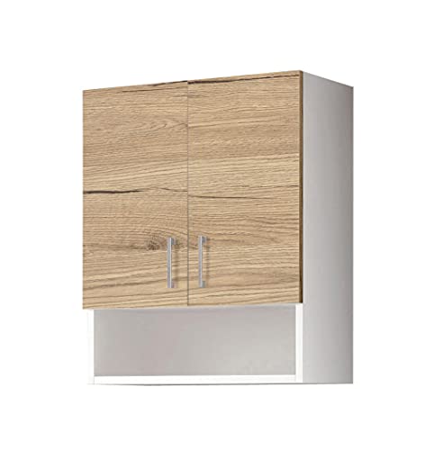 Mama Store AtenalAV Doppel-Hängeschrank Natureiche mit Fach am Tag L. 60 cm x 22 cm 71, Holzwerkstoff, Weiß Matt/Eiche Natur, L. 60 cm x P. 22 cm x H. 71 cm von Mama Store