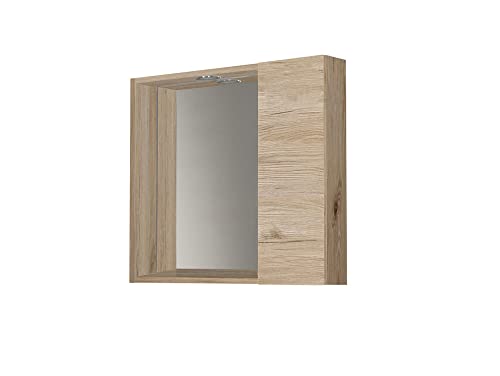 Mama Store Badspiegel mit Behälterfach und LED-Licht-Natürliche Eiche, Holz, L P. 16 cm X H.60 cm von Mama Store