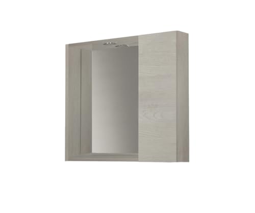 Mama Store Badspiegel mit Behälterfach und LED-Licht-Ulme Weiß, Holz, L.60 cm X P. 16 cm X H.60 cm von Mama Store
