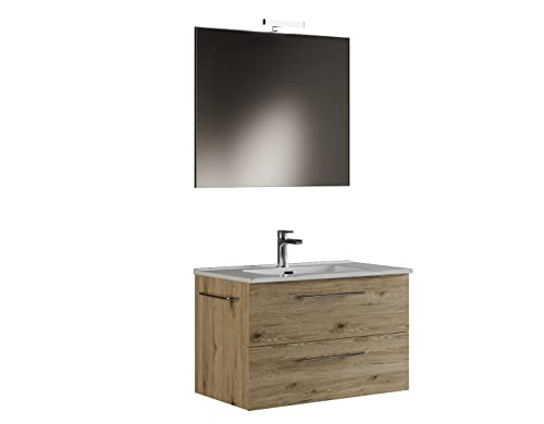 Mama Store ERA 60-Badezimmerschrank hängend 60 cm Eiche Natur mit Waschbecken, Spiegel und LED-Lampe, B, Holz, Quercia Naturale, L. 61 X P. 47 X H. 53 cm von Mama Store