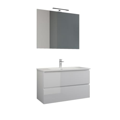 Mama Store Hängeschrank mit Waschbecken, Spiegel und LED-Lampe, Holzwerkstoff, Weiß Glänzend Lackiert, L. 101 X P. 47 X H. 53 cm von Mama Store
