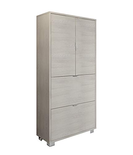 Mama Store Schuhschrank montiert, 2 Türen mit Ablage + 2 Klappklappen in doppelter Tiefe, 76 cm x 30 cm, Holz, Ulme Weiß, L. 30 cm x P. 76 cm x H 155 cm von Mama Store