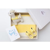 Neugeborenen Geschenkkorb Set Ideen Für Neugeborene Baby Jungen Häkeln Wollweiß Gelb Lama Spielzeug Strickdecke Gehäkelt Häschen Booties 08/12 von MamalamaKids