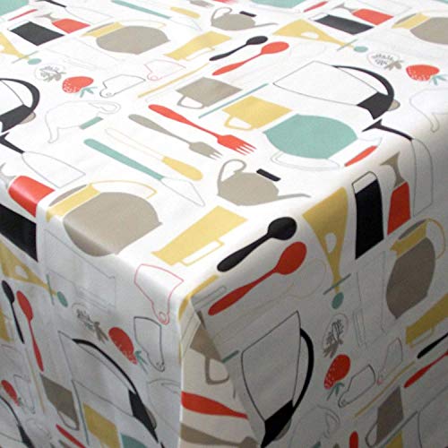 PVC Tischdecke Cucina Wachstuch • Eckig • Länge & Breite wählbar • abwaschbar • Küche Weiss Geschirr bunt, Größe:120 x 180 cm von Mambo-Design