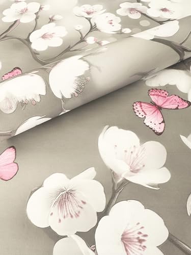 Mambo Design PVC Tischdecke Kaya grau rosa Blüten NEU Wachstuch abwaschbar • Breite & Länge wählbar Frühling Japan, Größe:130 x 180 cm von Mambo Design
