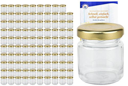 MamboCat 100er Set Rundgläser 53 ml Deckelfarbe gold TO 43 inkl. Diamant Gelierzauber Rezeptheft, Einmachgläser, Einkochgläser, Vorratsgläser, Mini Sturzgläser, Obstgläser, Portionsgläser, Gläser von MamboCat