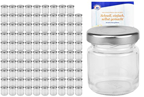 MamboCat 100er Set Rundgläser 53 ml Deckelfarbe silber TO 43 inkl. Diamant Gelierzauber Rezeptheft, Einmachgläser, Einkochgläser, Vorratsgläser, Mini Sturzgläser, Obstgläser, Portionsgläser, Gläser von MamboCat