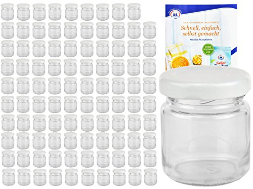 MamboCat 100er Set Rundgläser 53 ml Deckelfarbe weiß TO 43 inkl. Diamant Gelierzauber Rezeptheft, Einmachgläser, Einkochgläser, Vorratsgläser, Mini Sturzgläser, Obstgläser, Portionsgläser, Gläser von MamboCat