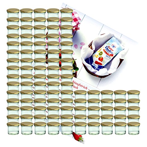 MamboCat 100er Set Sturzglas 125 ml Marmeladenglas Einmachglas Einweckglas to 66 Goldener Deckel incl. Diamant-Zucker Gelierzauber Rezeptheft von MamboCat