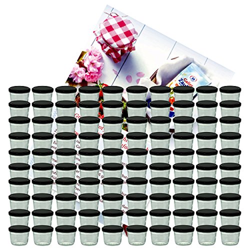 MamboCat 100er Set Sturzglas 230 ml Marmeladenglas Einmachglas Einweckglas to 82 schwarzer Deckel incl. Diamant-Zucker Gelierzauber Rezeptheft von MamboCat