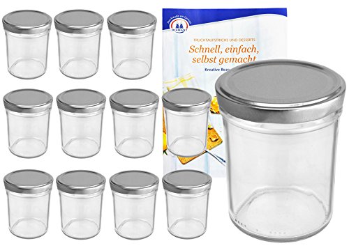 MamboCat 12er Set Sturzgläser 230 ml Hoch Deckelfarbe Silber to 66 inkl. Diamant Gelierzauber Rezeptheft, Marmeladengläser, Einmachgläser, Einweckgläser, Gläser von MamboCat