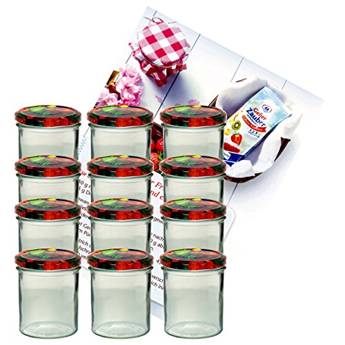 MamboCat 12er Set Sturzglas 350 ml Marmeladenglas Einmachglas Einweckglas to 82 Obst Deckel incl. Diamant-Zucker Gelierzauber Rezeptheft von MamboCat