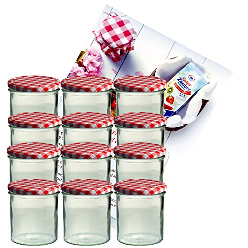 MamboCat 12er Set Sturzglas 350 ml Marmeladenglas Einmachglas Einweckglas to 82 rot Karierter Deckel incl. Diamant-Zucker Gelierzauber Rezeptheft von MamboCat