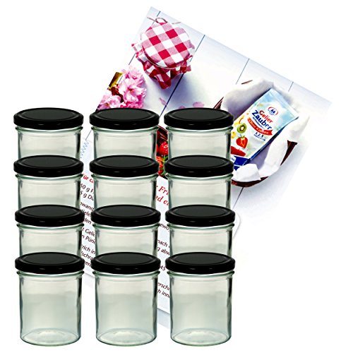 MamboCat 12er Set Sturzglas 350 ml Marmeladenglas Einmachglas Einweckglas to 82 schwarzer Deckel incl. Diamant-Zucker Gelierzauber Rezeptheft von MamboCat